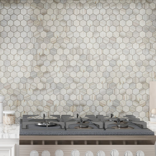 soft white beige polished hexagon crystal sand marble mosaic tile wall with natural grain texture