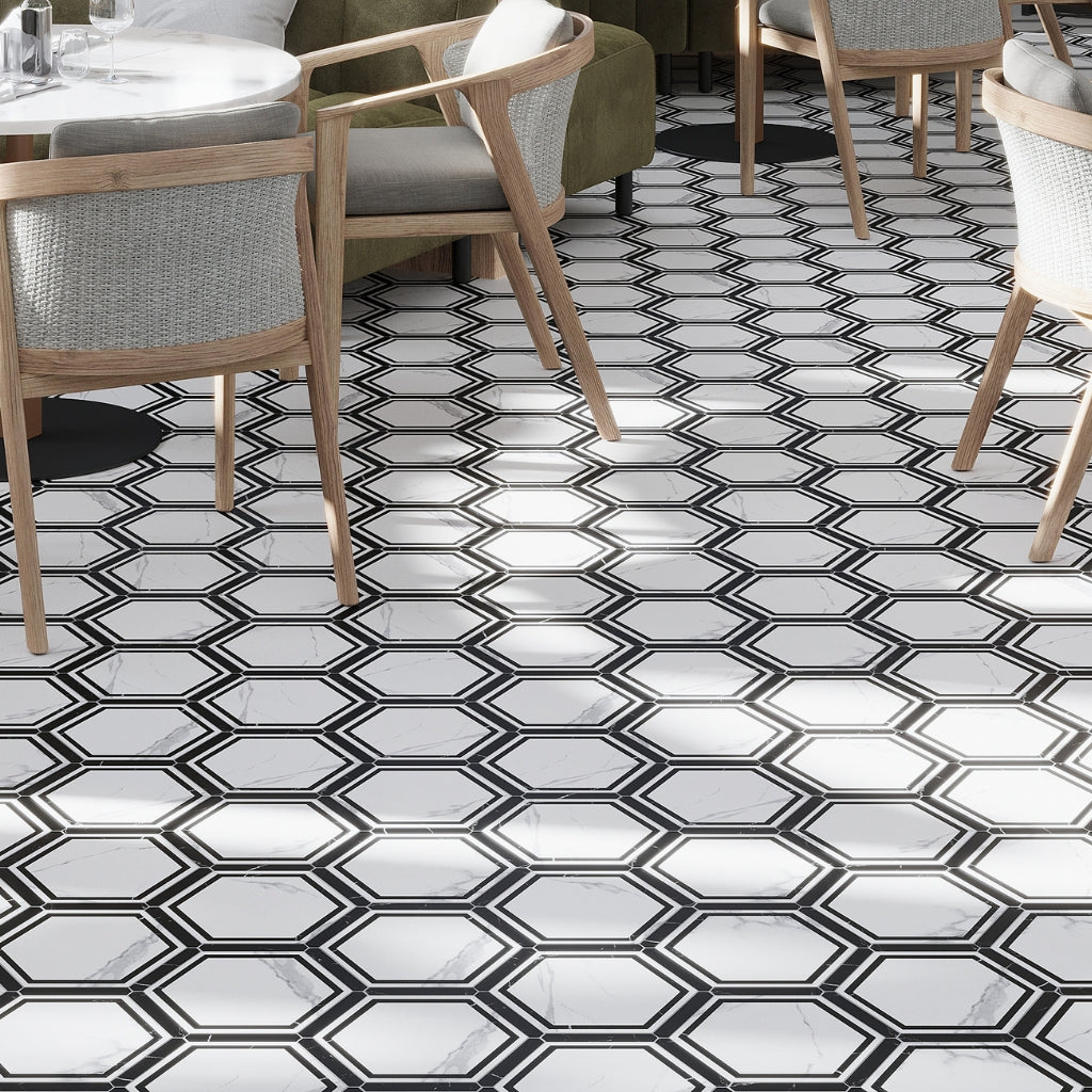 White Black 9x10 Matte Hexagon Porcelain Tile (18 pack, 8.07 sq ft/case)