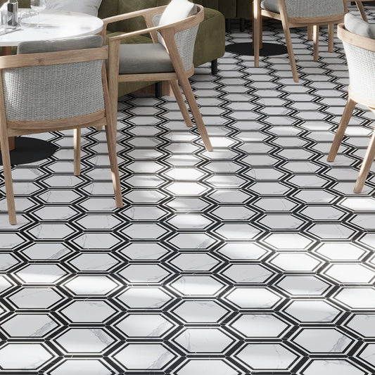 White Black 9x10 Matte Hexagon Porcelain Tile (18 pack, 8.07 sq ft/case)