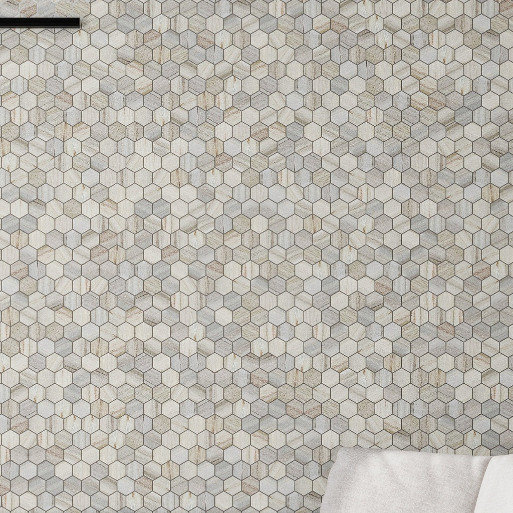 Soft white and beige honed hexagon marble mosaic tile sheet with subtle grain veining