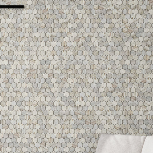 Soft white and beige honed hexagon marble mosaic tile sheet with subtle grain veining