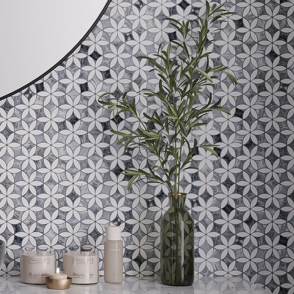 Gray and white polished floral marble mosaic tile in 12x15 size with high gloss finish