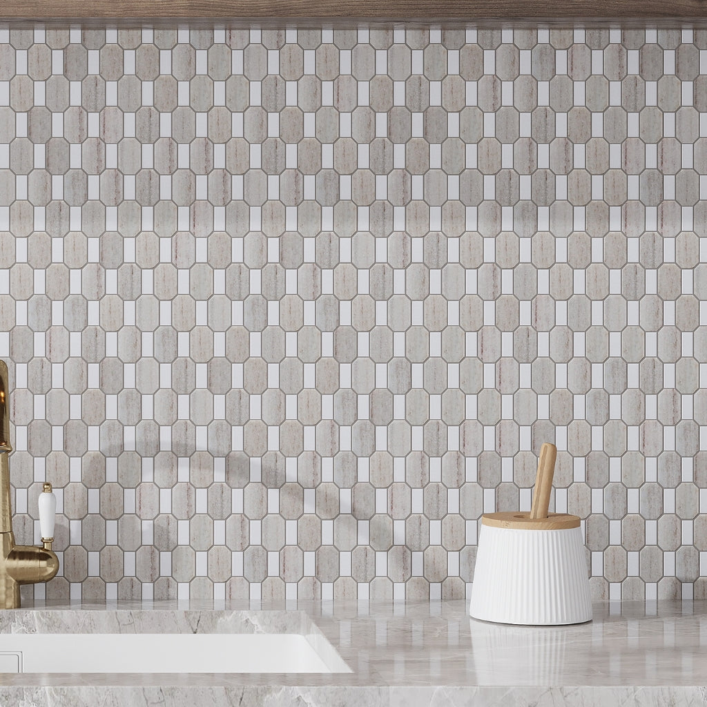 polished crystal sand and thassoss white geometric marble mosaic tile octagon pattern