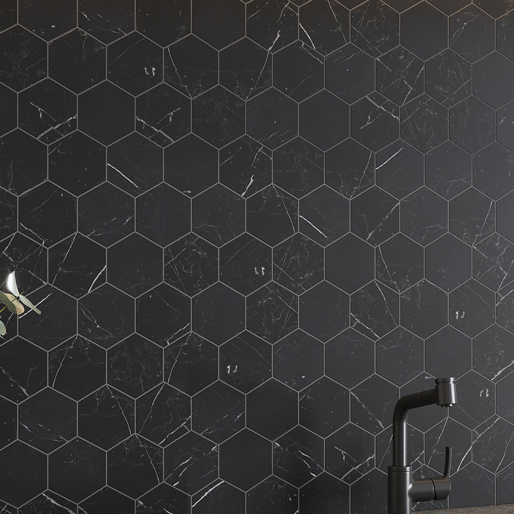 Black with White Vein 10x12 Polished Hexagon Glass Recycled Glass Mosaic Tile (10 pack, 8.29 sq ft/case)