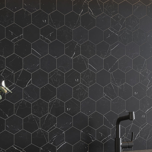 Black with White Vein 10x12 Polished Hexagon Glass Recycled Glass Mosaic Tile (10 pack, 8.29 sq ft/case)