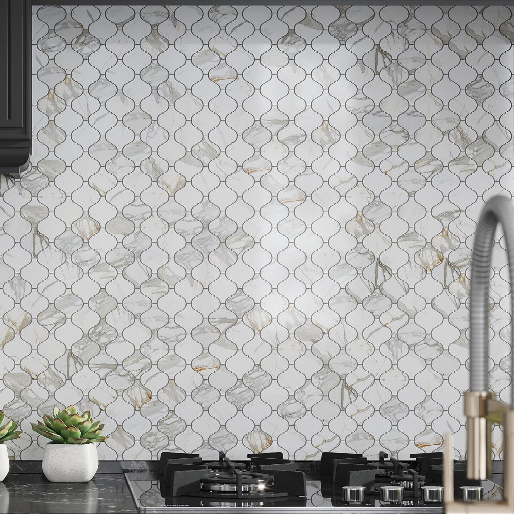 White Gray 10x11 Polished Arabesque Calacatta Gold Marble Mosaic Tile (5 pack, 3.75 sq ft/case)