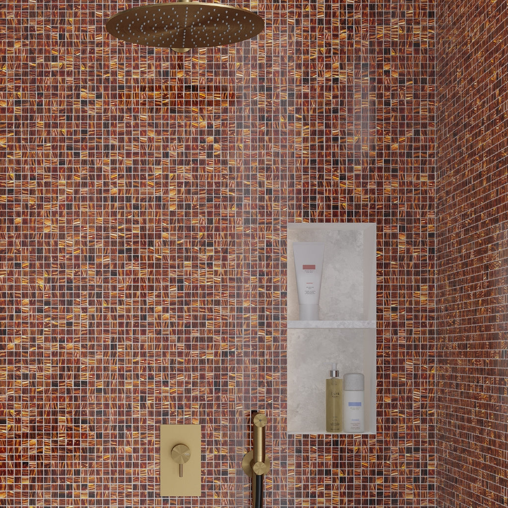 brown gold glossy 12x12 glass mosaic tile with uniform square pattern for walls