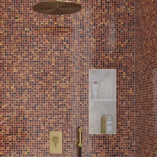 brown gold glossy 12x12 glass mosaic tile with uniform square pattern for walls