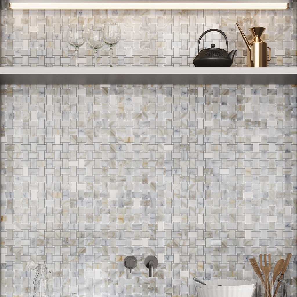 White Gray 12x12 Polished Basketweave Calacatta Gold Thassos Marble Mosaic Tile (5 pack, 5 sq ft/case)
