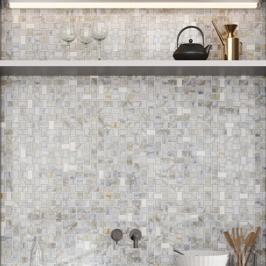 White Gray 12x12 Polished Basketweave Calacatta Gold Thassos Marble Mosaic Tile (5 pack, 5 sq ft/case)