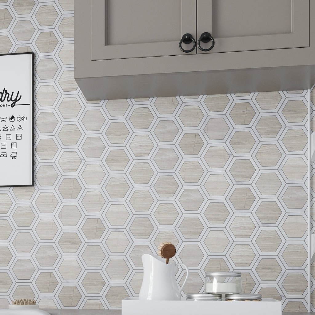 Polished beige and white hexagon Bianco Carrara marble mosaic tile backsplash