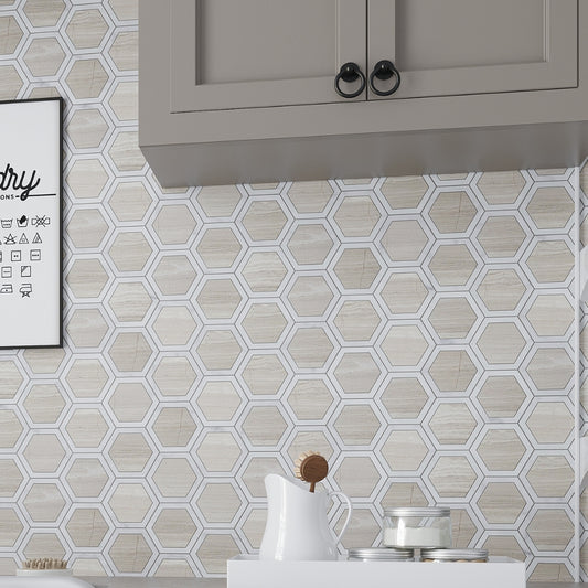 Polished beige and white hexagon Bianco Carrara marble mosaic tile backsplash