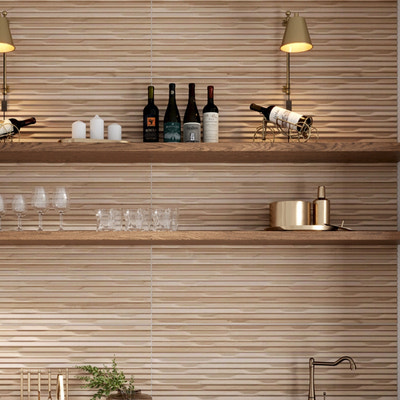 matte oak 16x48 ceramic deco tile with ribbed texture in warm brown tone