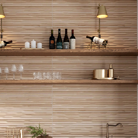 matte oak 16x48 ceramic deco tile with ribbed texture in warm brown tone