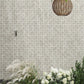 Beige 12x12 matte recycled glass mosaic square tiles with subtle circular patterns