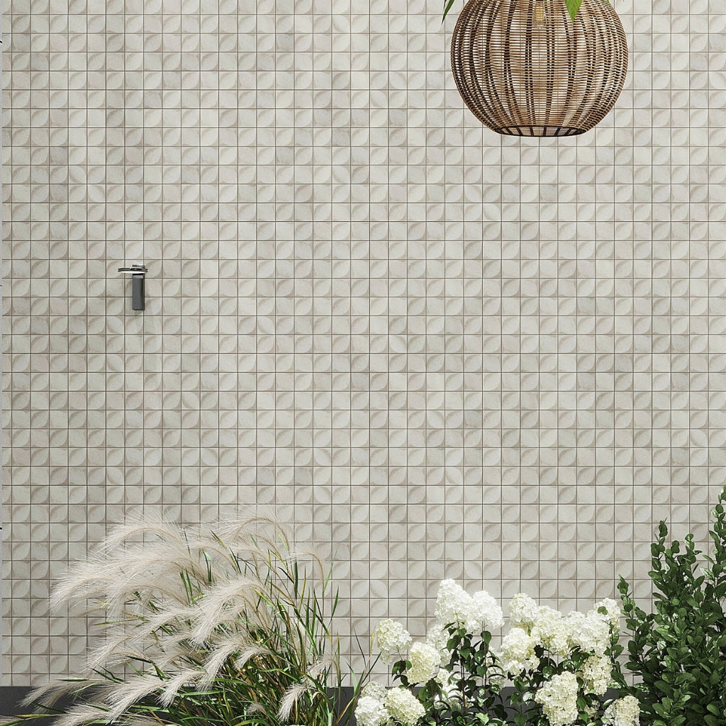 Beige 12x12 matte recycled glass mosaic square tiles with subtle circular patterns