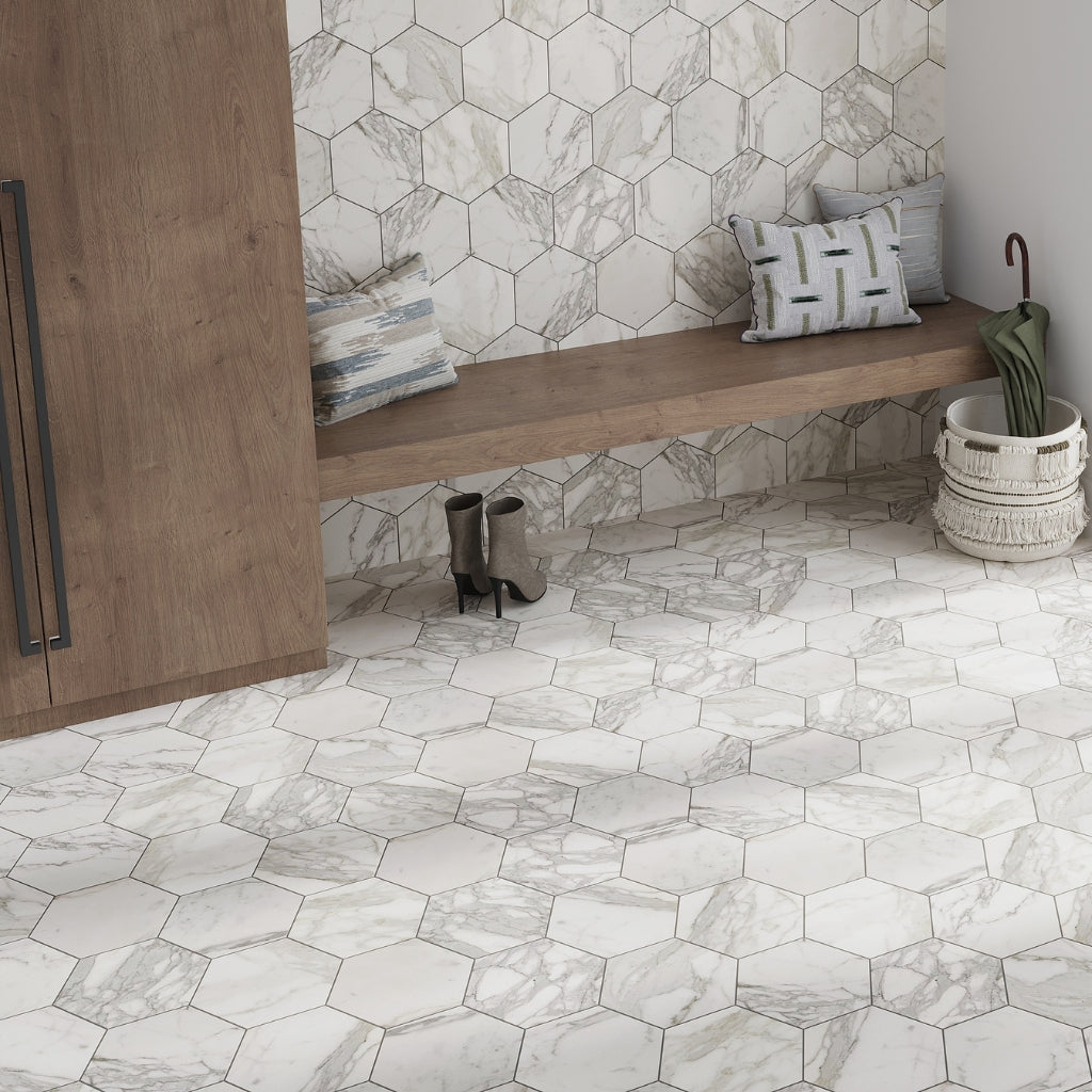 White Gray 10x10 Honed Hexagon Calacatta Gold Marble Tile (5 pack, 2.95 sq ft/case)