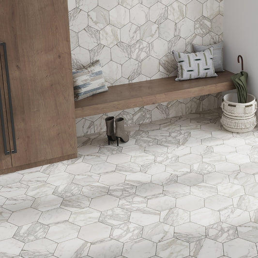 White Gray 10x10 Honed Hexagon Calacatta Gold Marble Tile (5 pack, 2.95 sq ft/case)