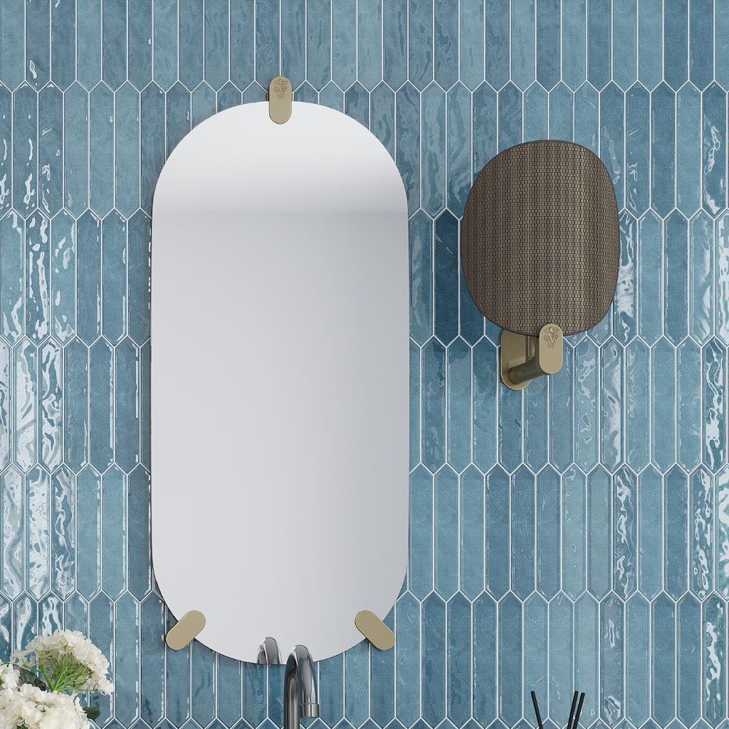 glossy teal blue ceramic 2x10 picket wall tile with elongated shape and white grout