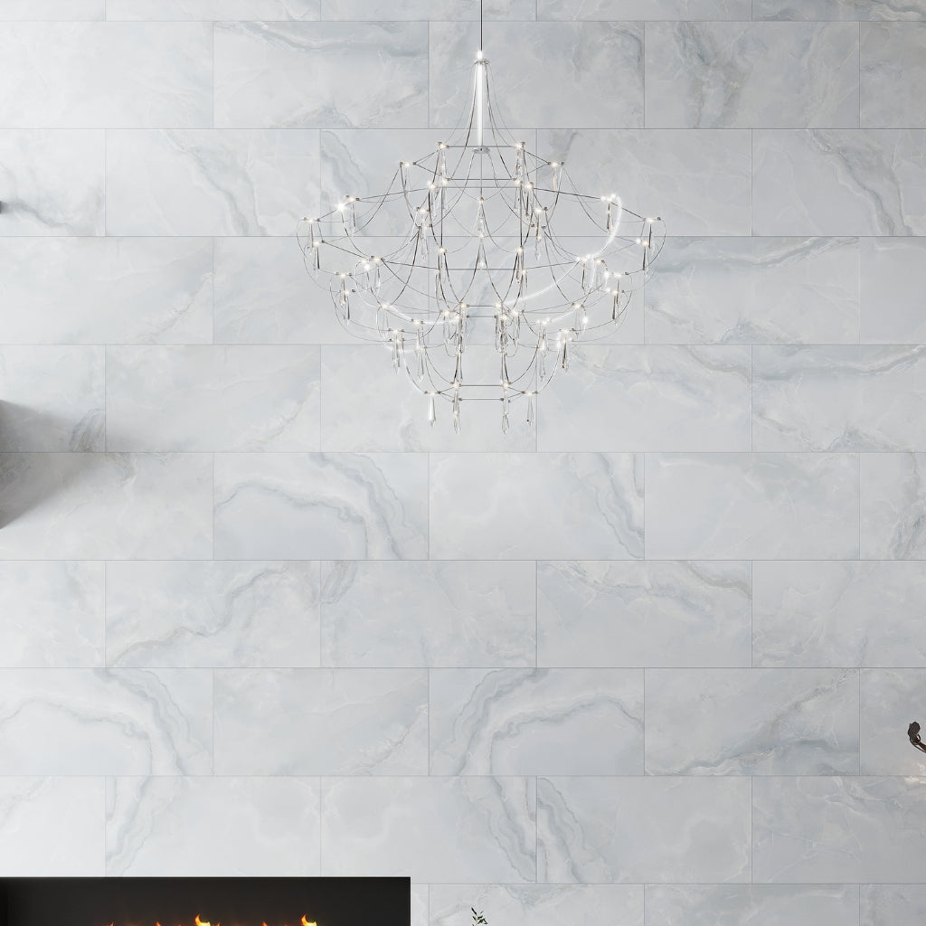 Celestine Blue 24x48 honed porcelain tile with soft blue veining and matte finish