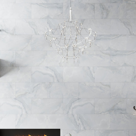 Celestine Blue 24x48 honed porcelain tile with soft blue veining and matte finish