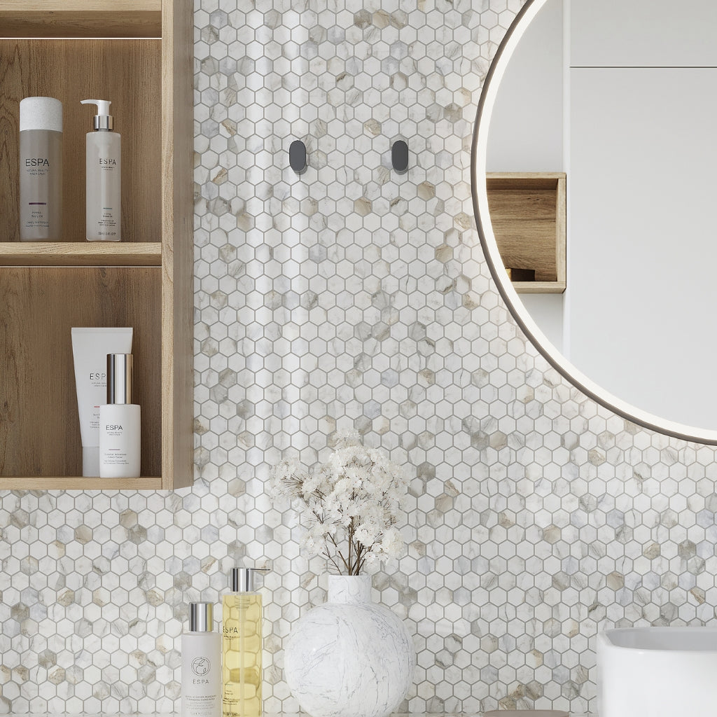 White Gray 11x12 Polished Hexagon Calacatta Gold Marble Mosaic Tile (5 pack, 4.55 sq ft/case)