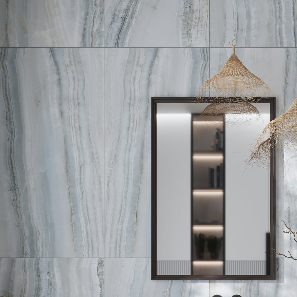 windy blue 24x48 large honed porcelain tile with soft blue and grey veining pattern