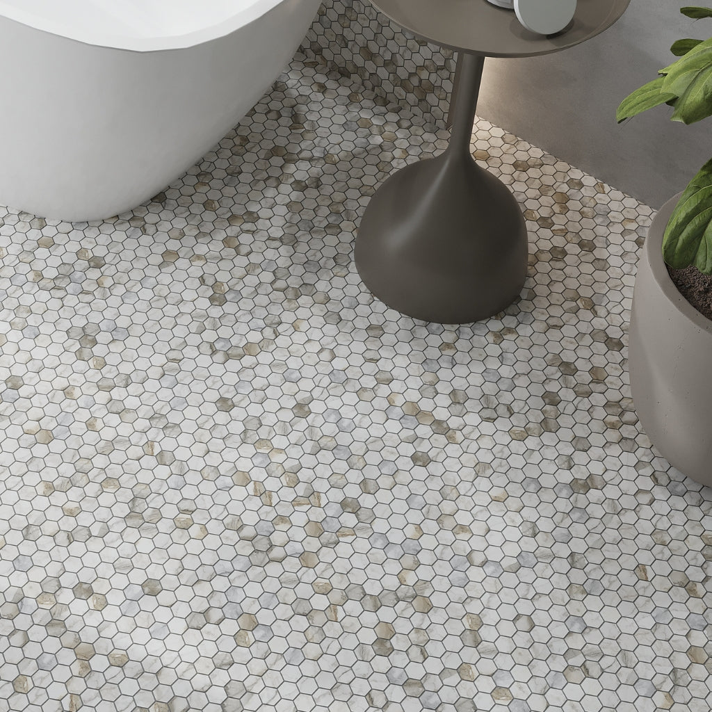 White Gray 11x12 Honed Hexagon Calacatta Gold Marble Mosaic Tile (5 pack, 4.55 sq ft/case)