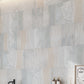 Misty Blue and Ivory Cream 16x48 matte ceramic large wall tiles with abstract textured pattern