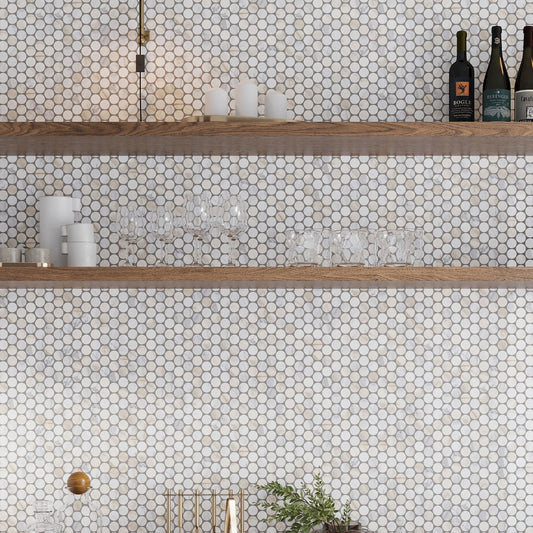 White Gray 11x12 Penny Round Polished Calacatta Gold Marble Mosaic Tile (5 pack, 4.47 sq ft/case)