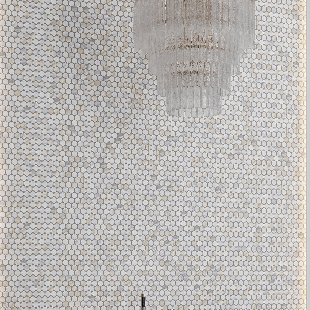 Polished white gray penny round Calacatta Gold marble mosaic tile with gold and gray veining