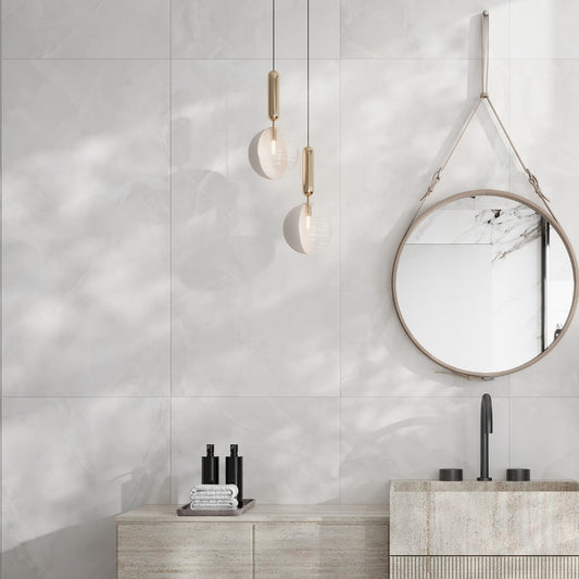 Ivory pearl white 24x48 honed porcelain large tile with subtle veining and smooth matte finish