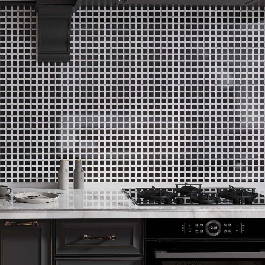Polished Eastern Black White 12x12 basketweave marble mosaic tile with black and white pattern