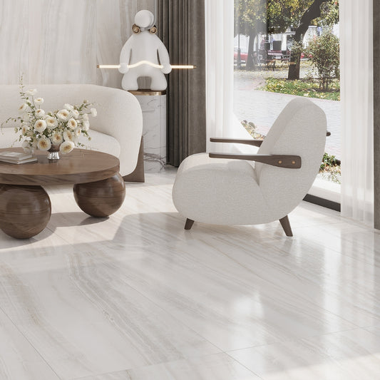 ivory white honed porcelain large tile with subtle grey veining in polished finish