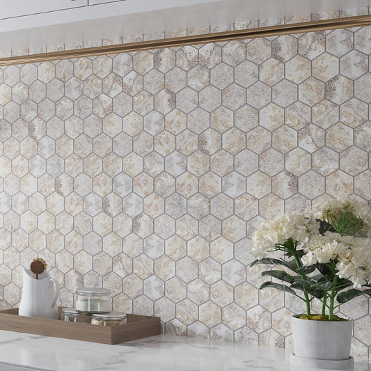 Light Taupe Beige 9x13 Polished Hexagon Porcelain Mosaic Tile (9 pack, 7.09 sq ft/case)