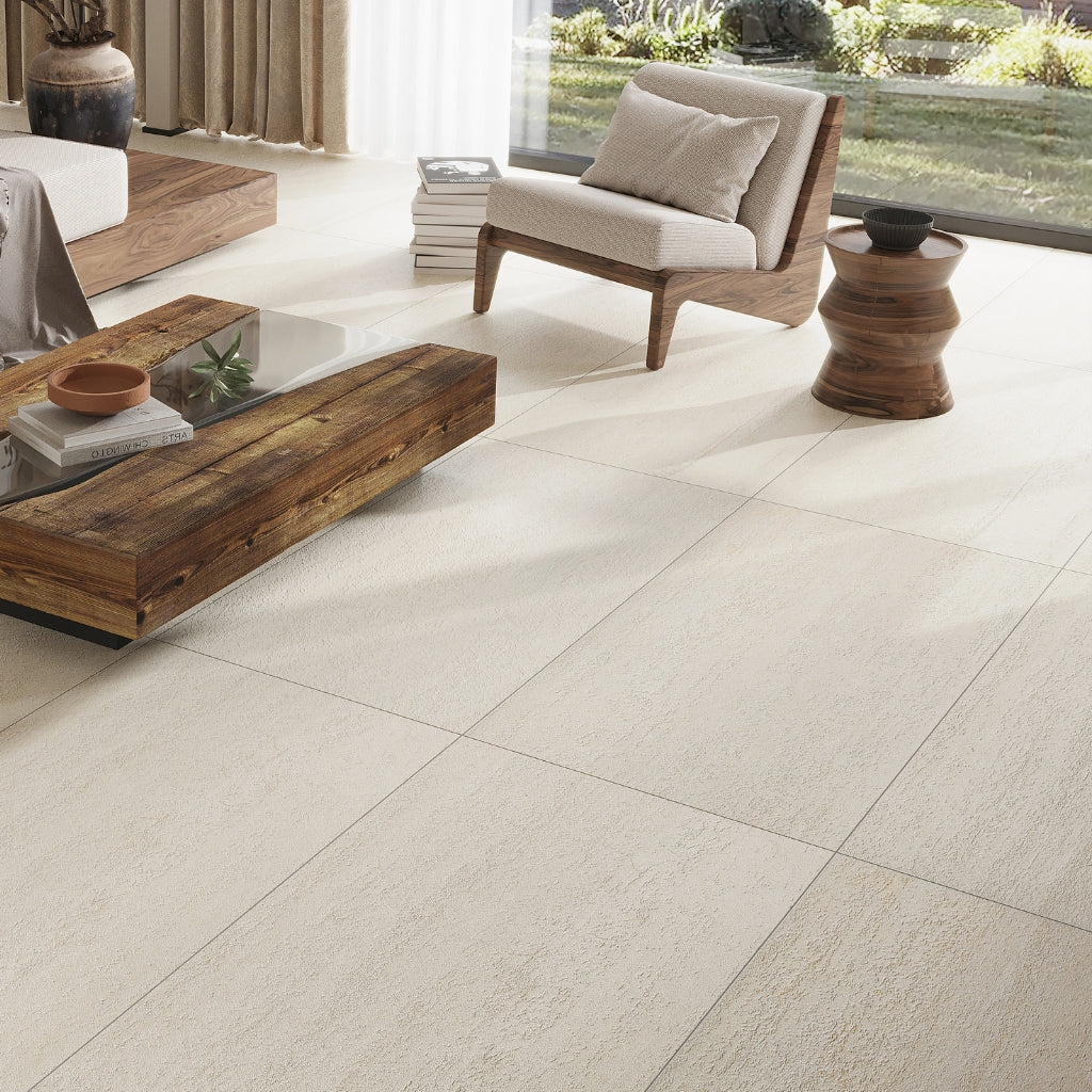 beige 24x48 matte porcelain large tile with textured finish in modern interior setting
