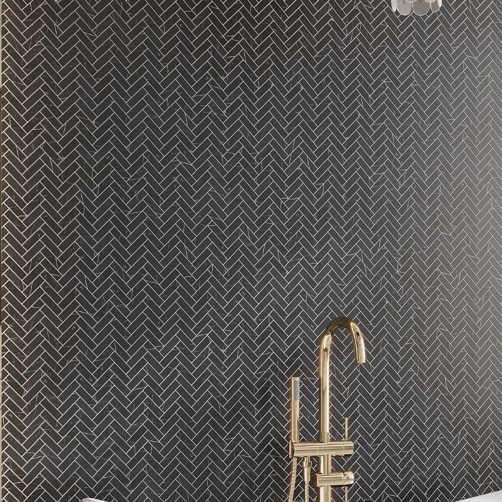 Black with White Vein 11x13 Polished Herringbone Glass Recycled Glass Mosaic Tile (10 pack, 9.63 sq ft/case)