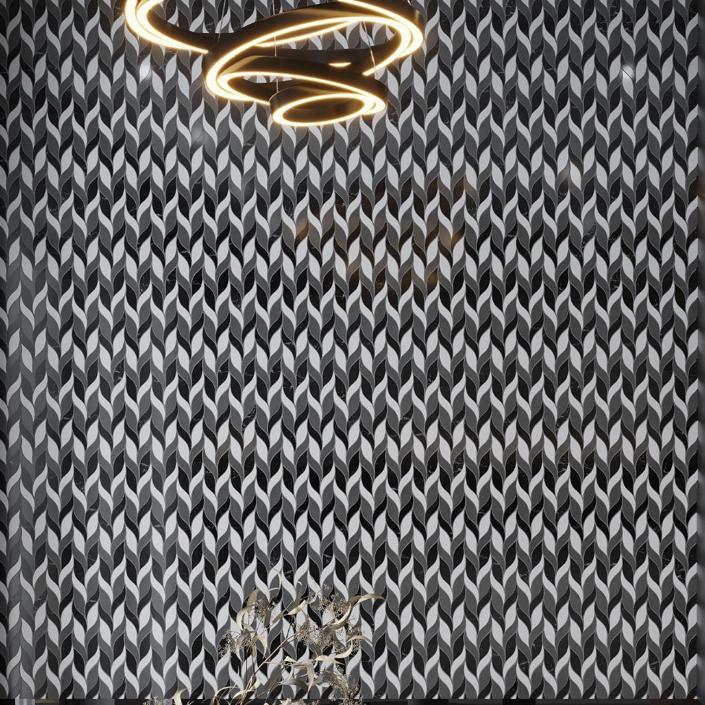 Polished Eastern Black Thassos Basalt leaf marble mosaic tile with black white and gray tones
