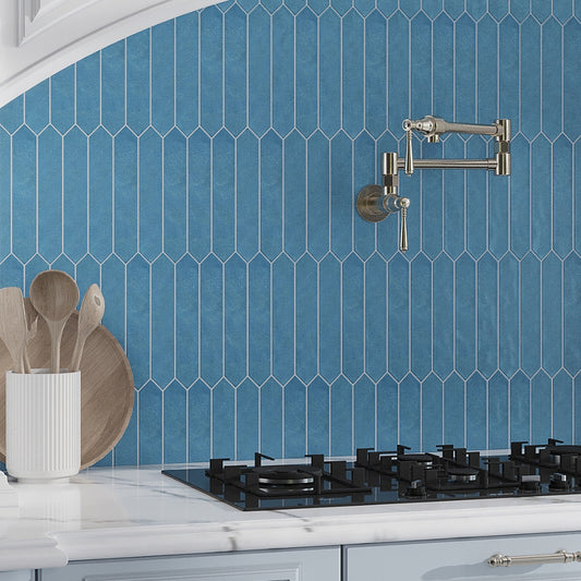 Teal blue 2x10 matte picket ceramic tile backsplash with geometric pattern and soft finish