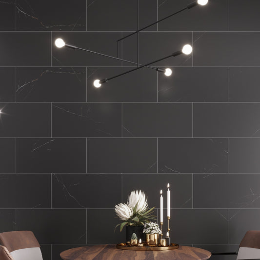 Eastern black 12x24 honed marble tile with subtle white veining large format rectangle brick pattern