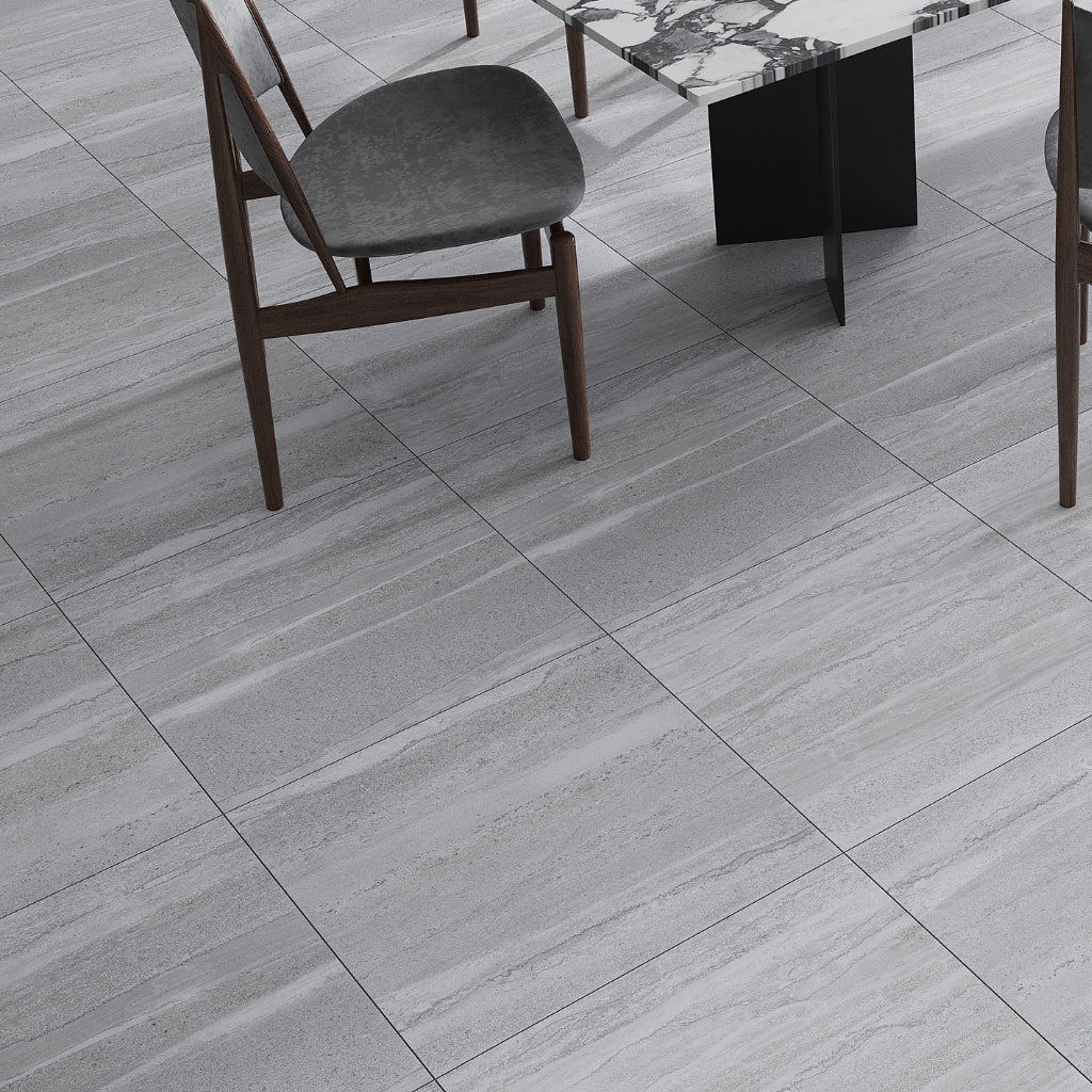 light gray 24x24 matte porcelain tile with subtle stone veining and smooth finish