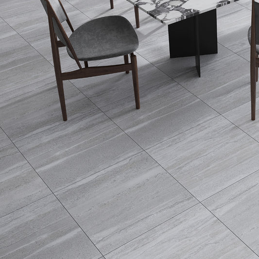 light gray 24x24 matte porcelain tile with subtle stone veining and smooth finish