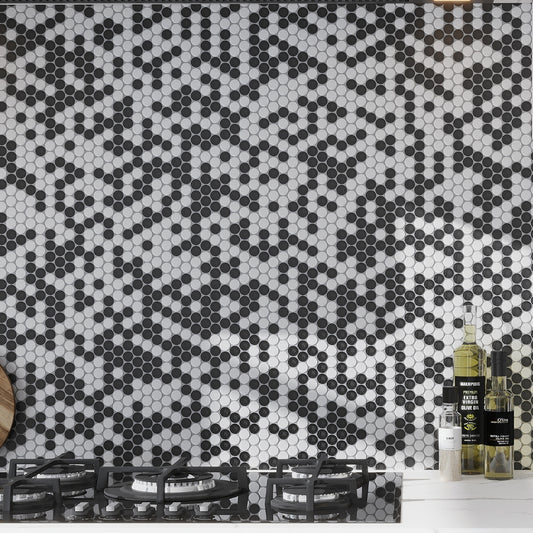 Eastern Black and White 11x12 Tumbled Penny Round Marble Mosaic Tile (5 pack, 4.83 sq ft/case)