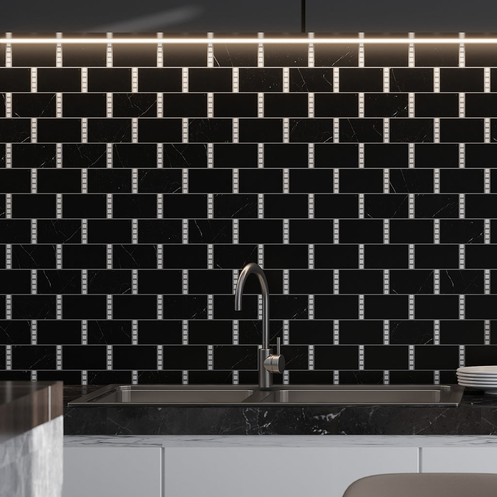 polished eastern black thassos white 12x13 marble mosaic tile with brick pattern and white square accents