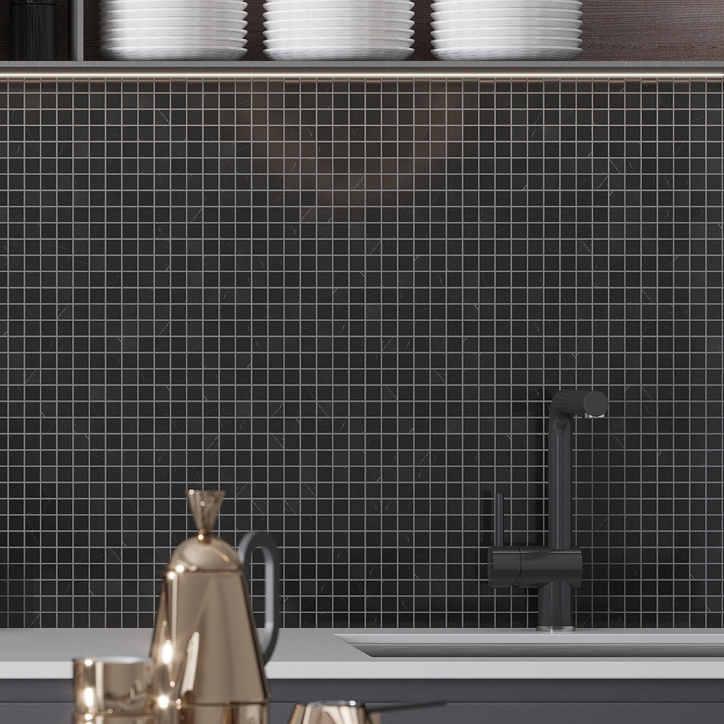 eastern black polished 12x12 square marble mosaic tile with dark onyx black finish and subtle veining
