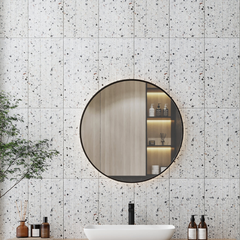 white 12x24 fluted terrazzo large tile with speckled pattern and vertical grooves