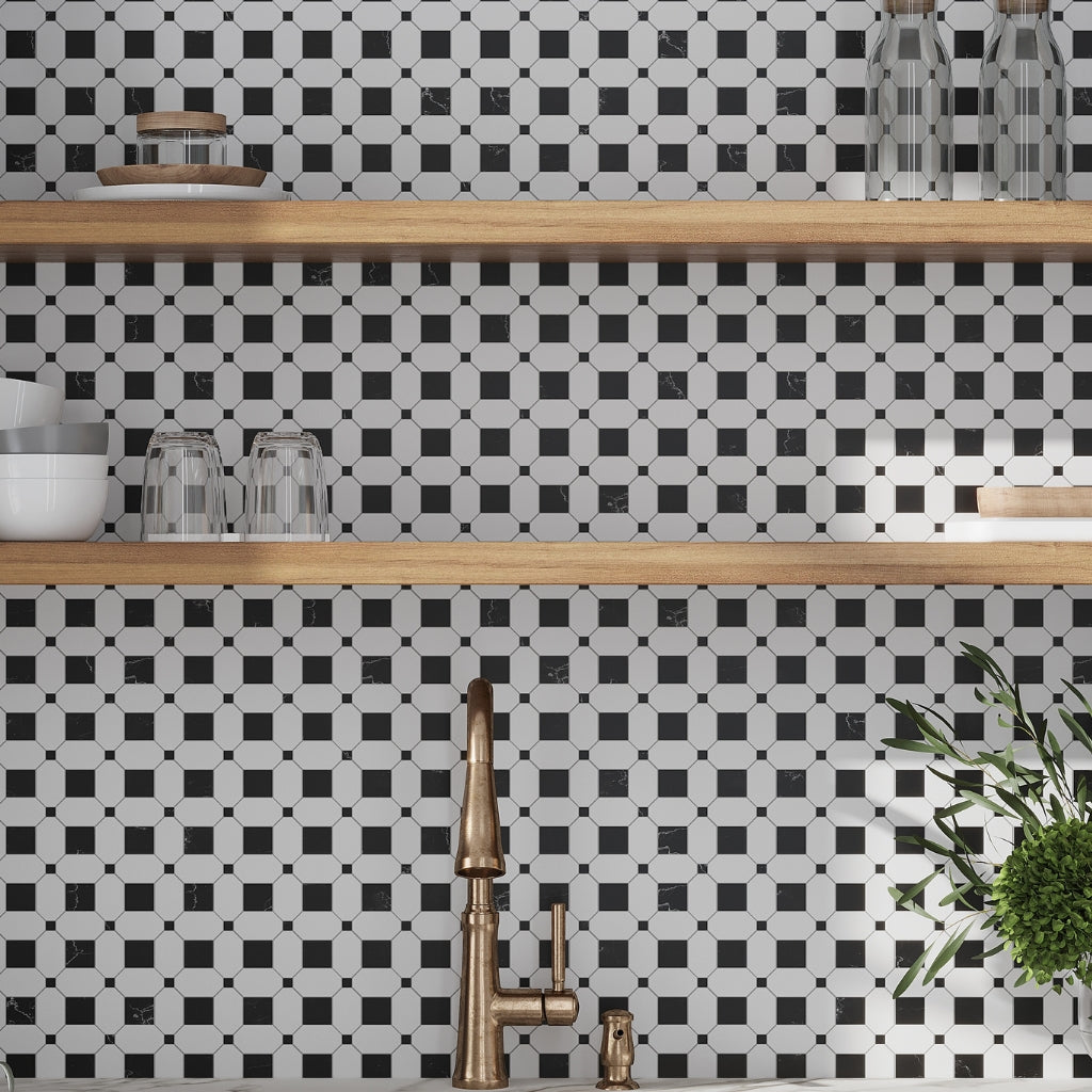 Eastern Black Thassos White 12x12 Polished Octagon Marble Mosaic Tile (5 pack, 5.08 sq ft/case)