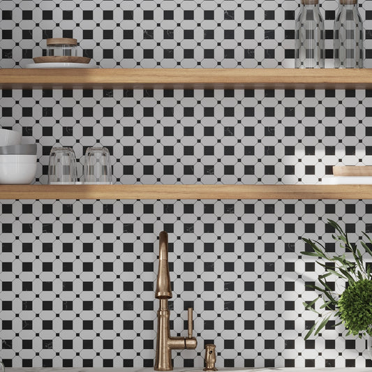 Eastern Black Thassos White 12x12 Polished Octagon Marble Mosaic Tile (5 pack, 5.08 sq ft/case)