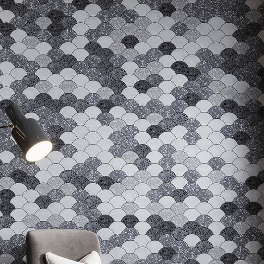 White Gray 12x12 Honed Fan Fish Scale Terrazzo Carrara Marble Mosaic Tile (5 pack, 5 sq ft/case)