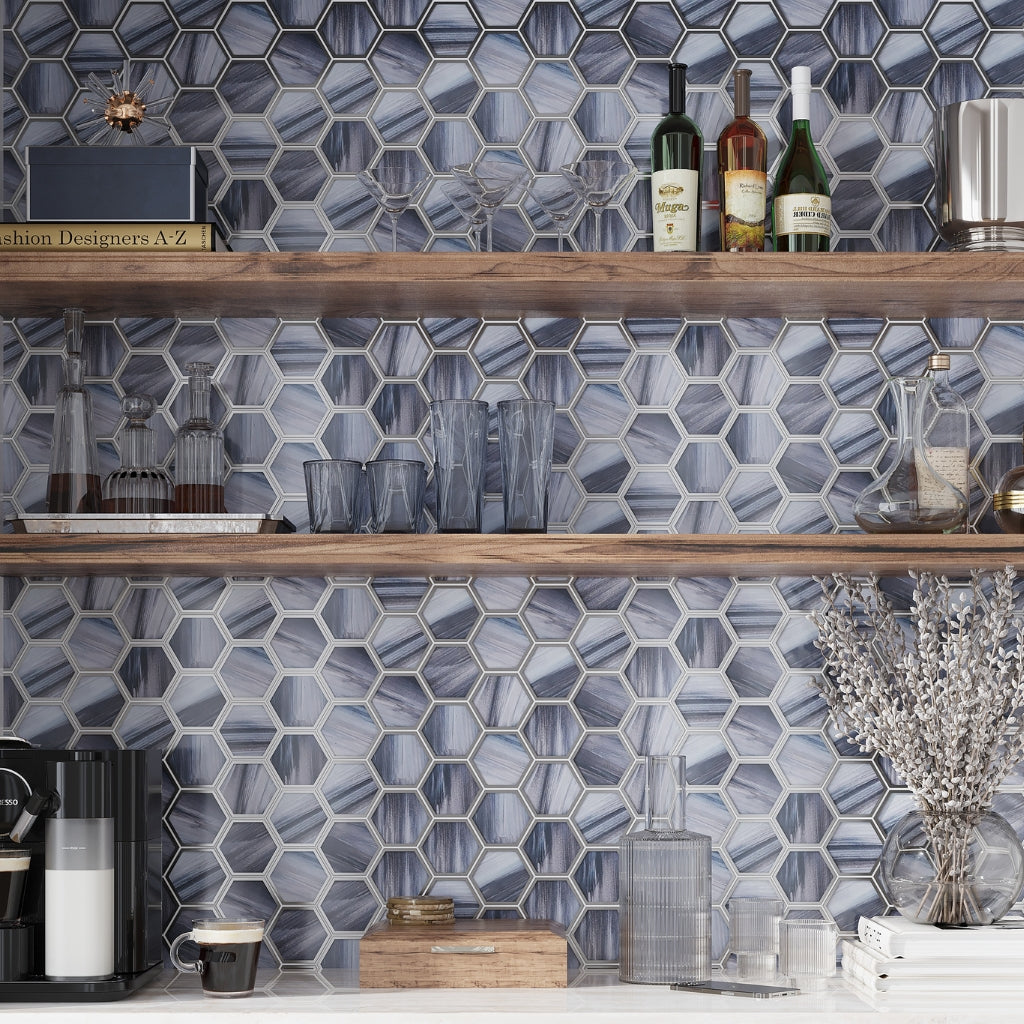 Silver Midnight Blue 9x10 Matte Hexagon Glass Mosaic Tile (5 pack, 3.28 sq ft/case)